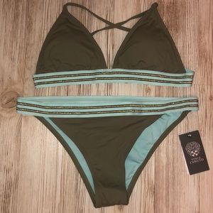 Vince Camuto, olive green and baby blue swimsuit